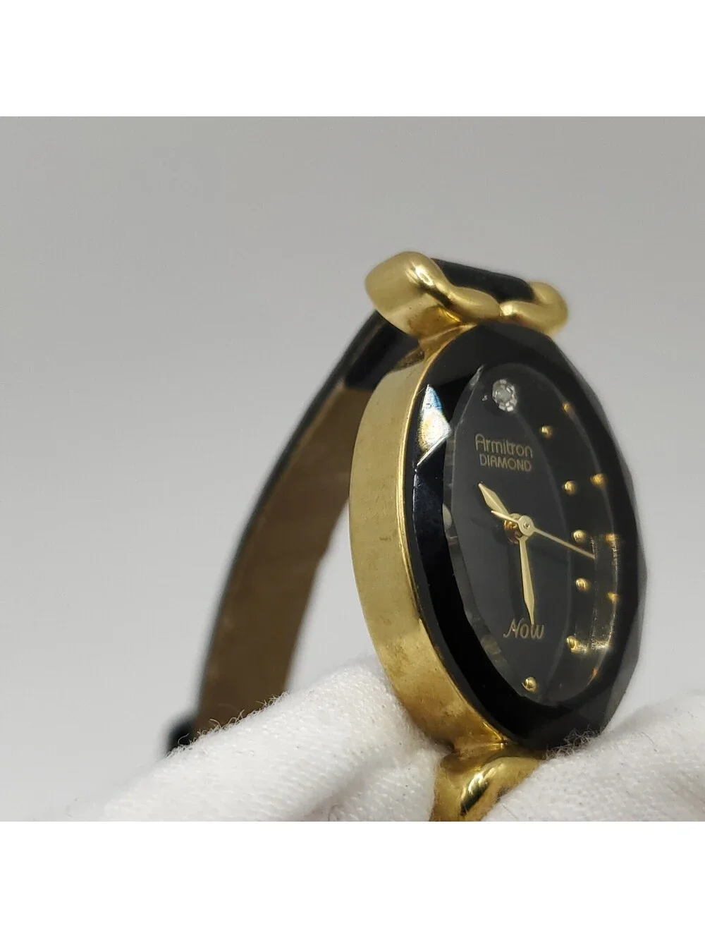 Armitron Diamond Now Black Dial Oval Gold Tone Case Watch New Battery 18mm